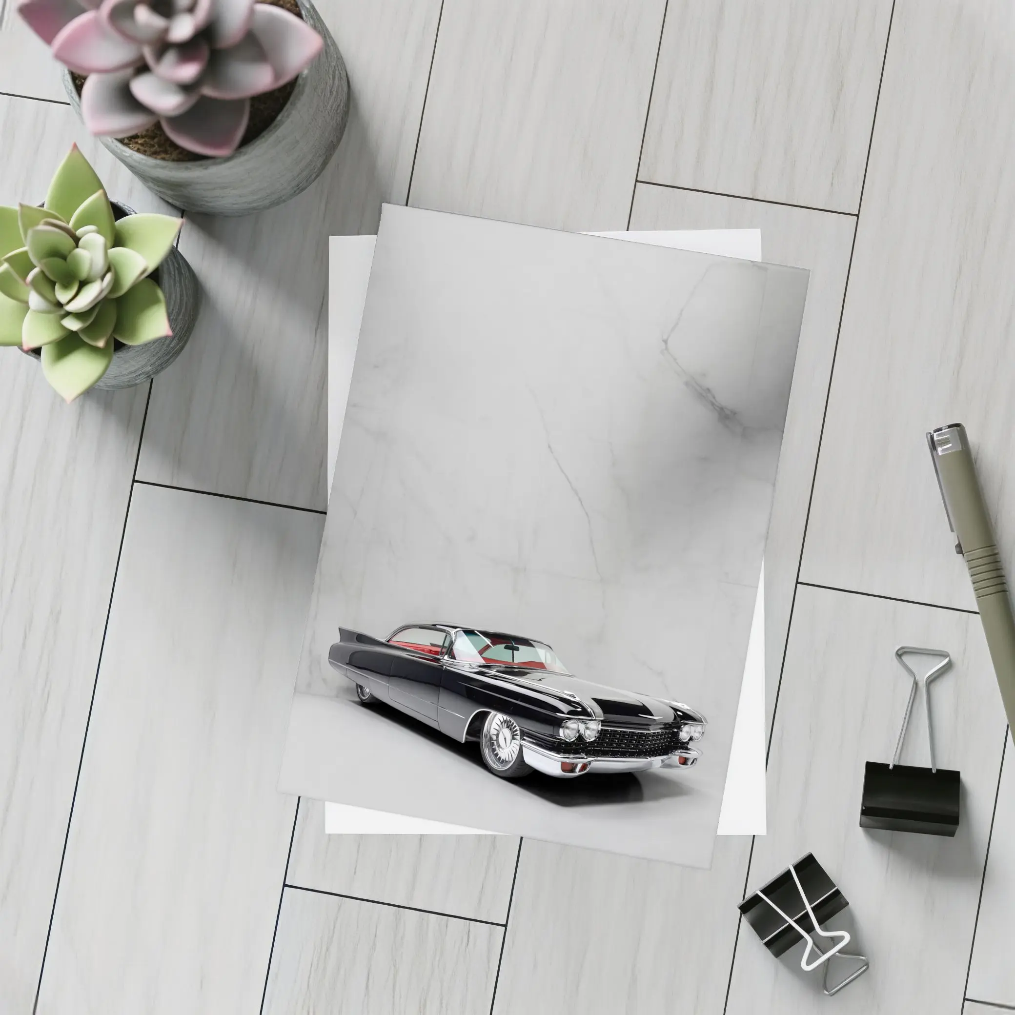 Black Cadillac Classic Car Marble Background – Postcards