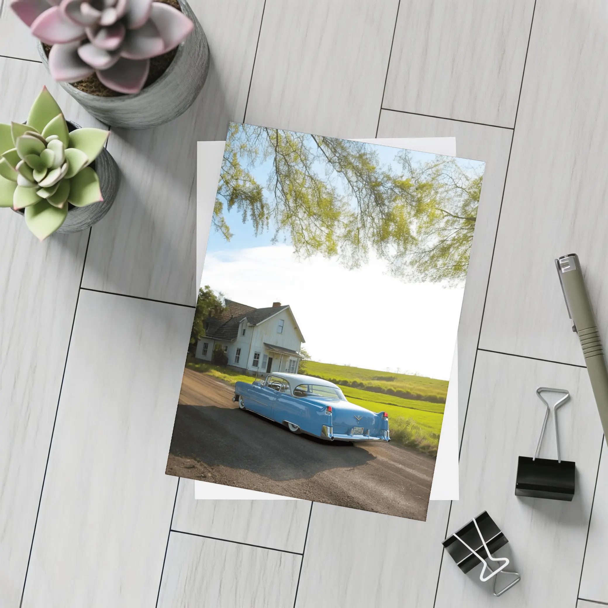 Classic Blue Cadillac Country Farmhouse Road – Postcards