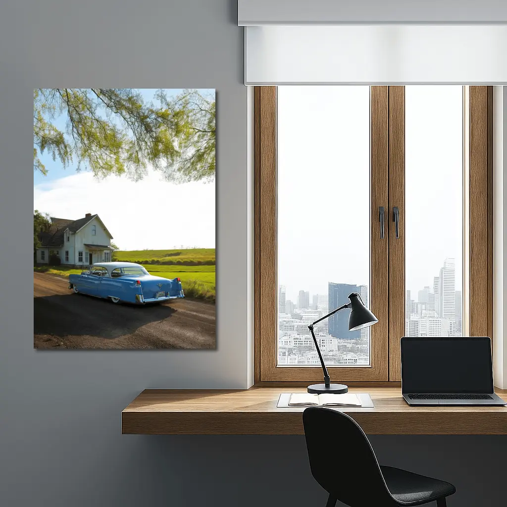 Classic Blue Cadillac Country Farmhouse Road – Wall Art