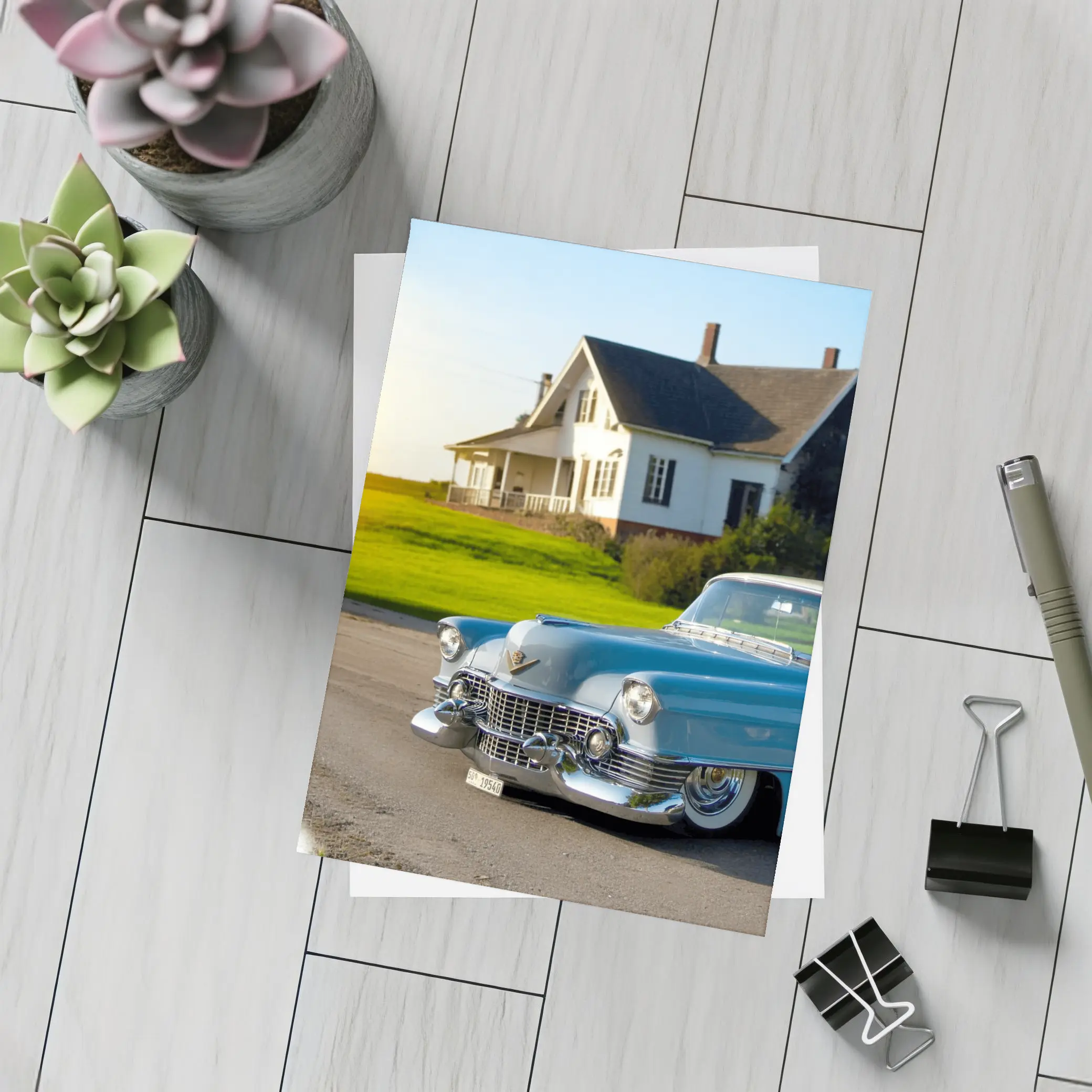 Classic Cadillac Blue Vintage Car Country House – Postcards