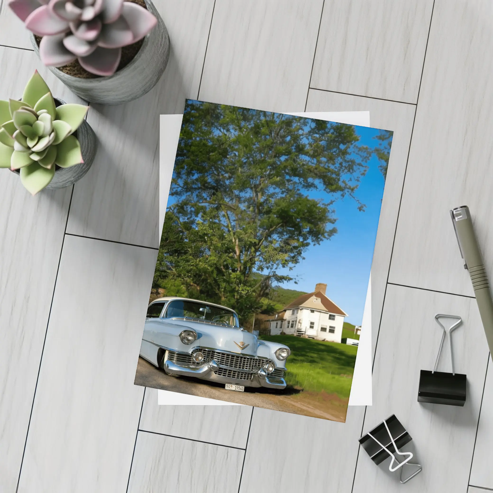 Classic Cadillac DeVille White Rural American Village – Postcards