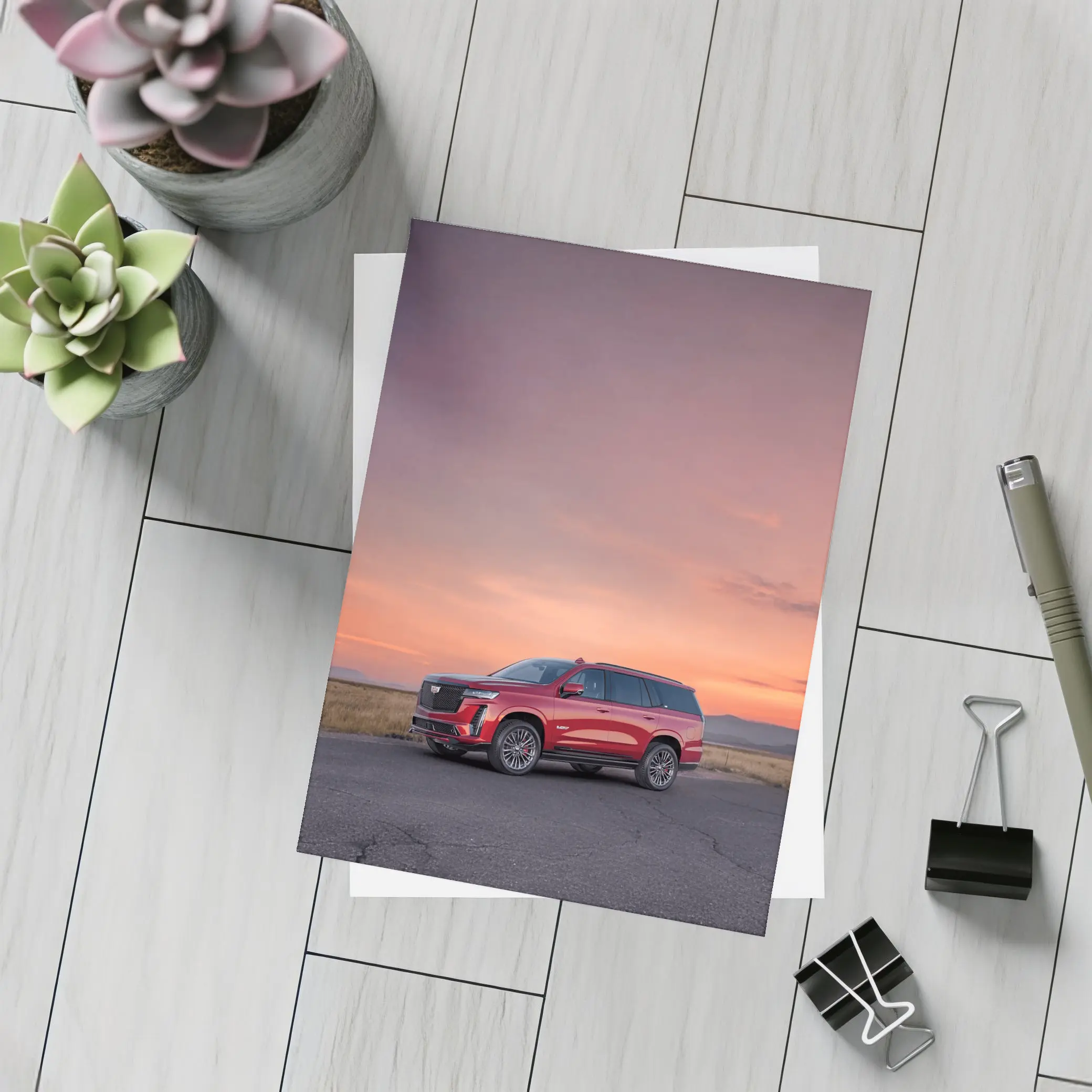 Cadillac Escalade Red SUV Sunset Sky – Postcards