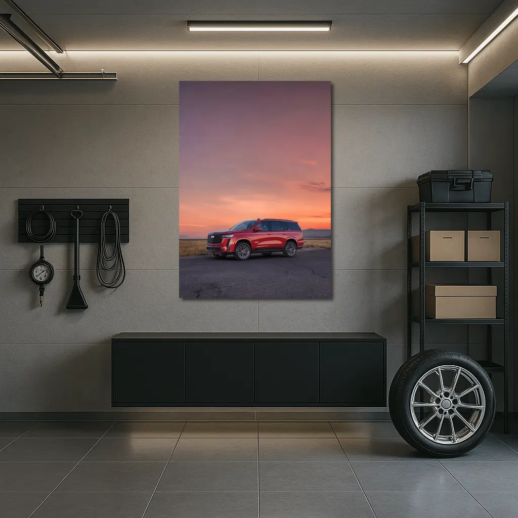Cadillac Escalade Red SUV Sunset Sky – Wall Art