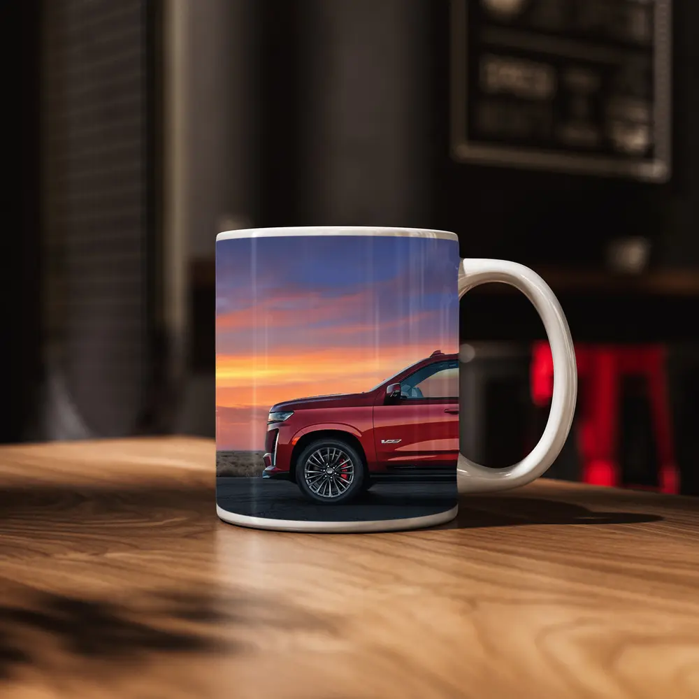 Cadillac Escalade Red SUV Sunset Sky – Mugs