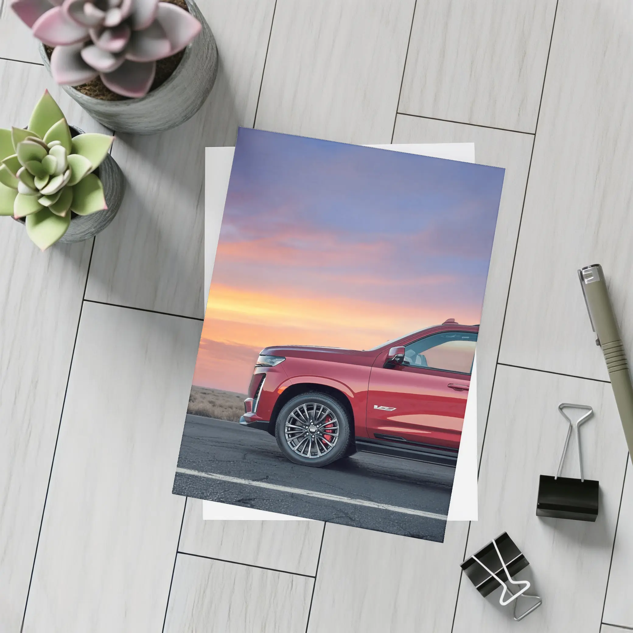 Cadillac Escalade Red SUV Sunset Sky – Postcards