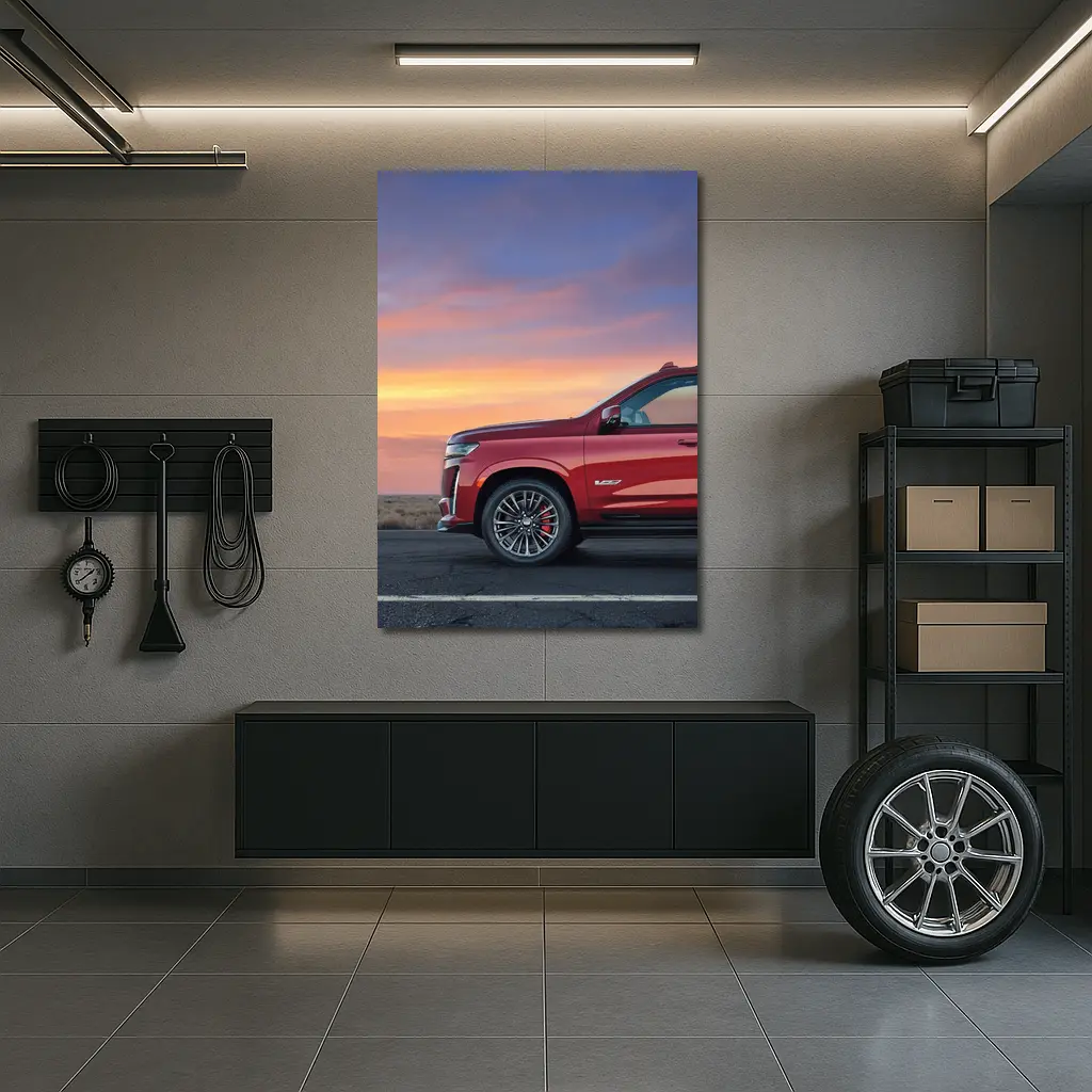Cadillac Escalade Red SUV Sunset Sky – Wall Art