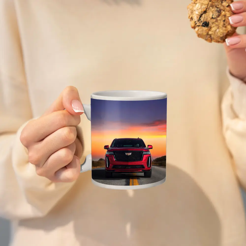 Red Cadillac Escalade SUV Sunset Road – Mugs