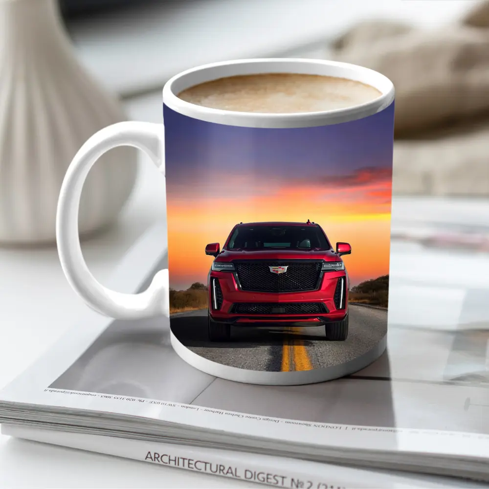 Red Cadillac Escalade SUV Sunset Road – Mugs