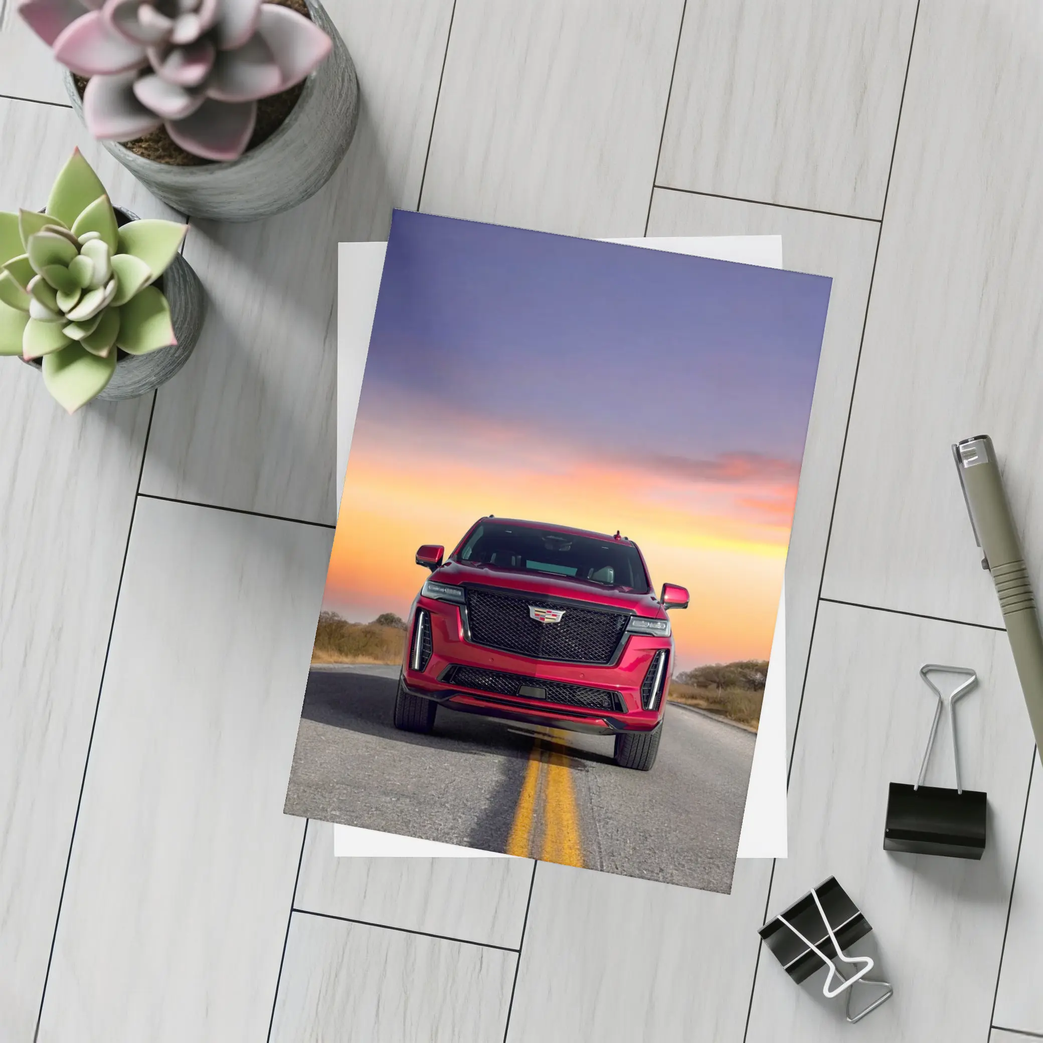 Red Cadillac Escalade SUV Sunset Road – Postcards