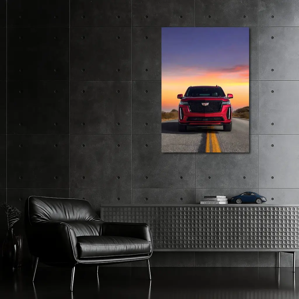 Red Cadillac Escalade SUV Sunset Road – Wall Art