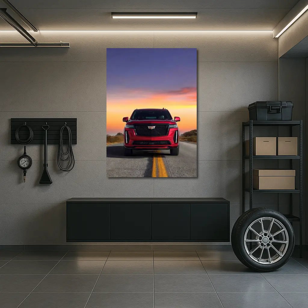 Red Cadillac Escalade SUV Sunset Road – Wall Art