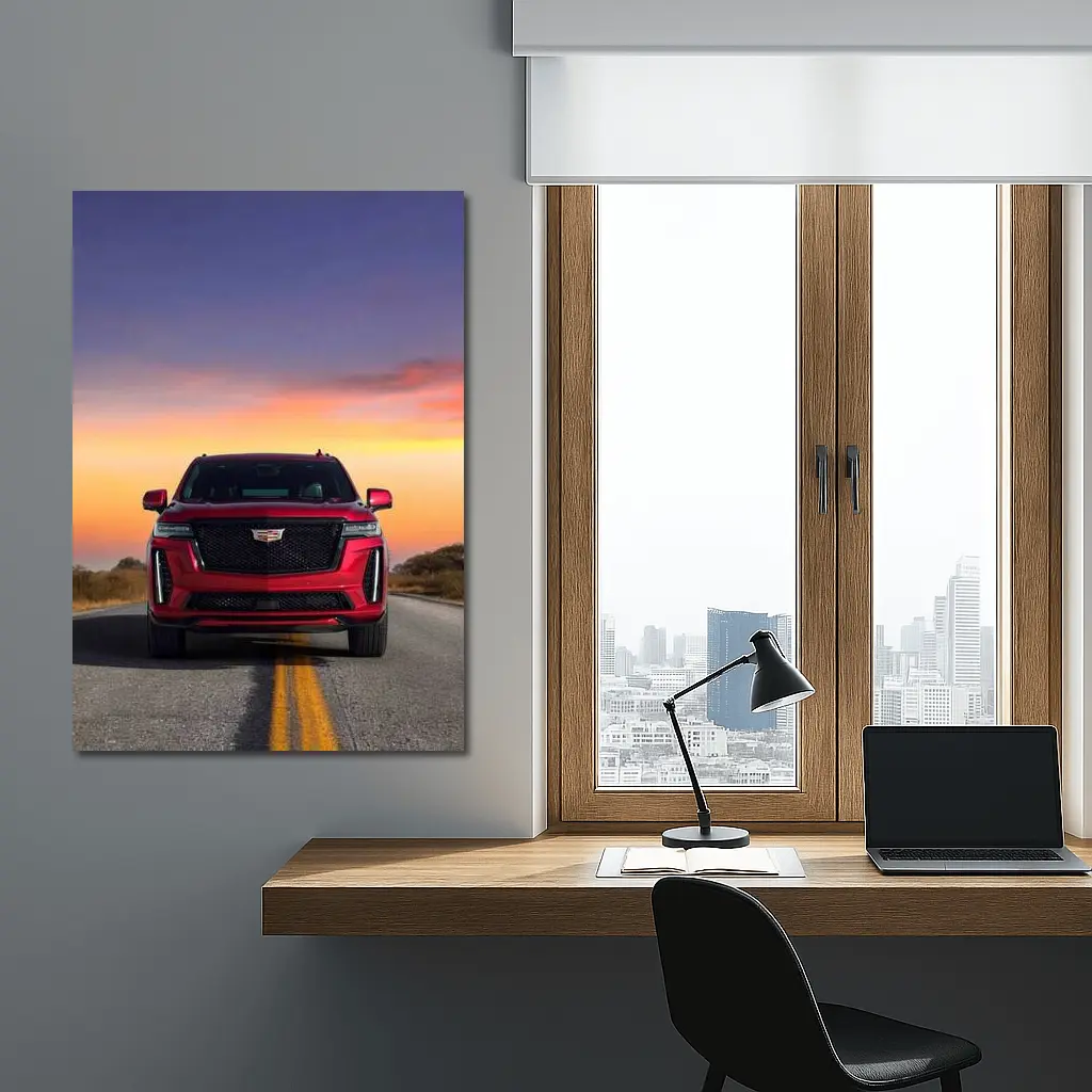 Red Cadillac Escalade SUV Sunset Road – Wall Art