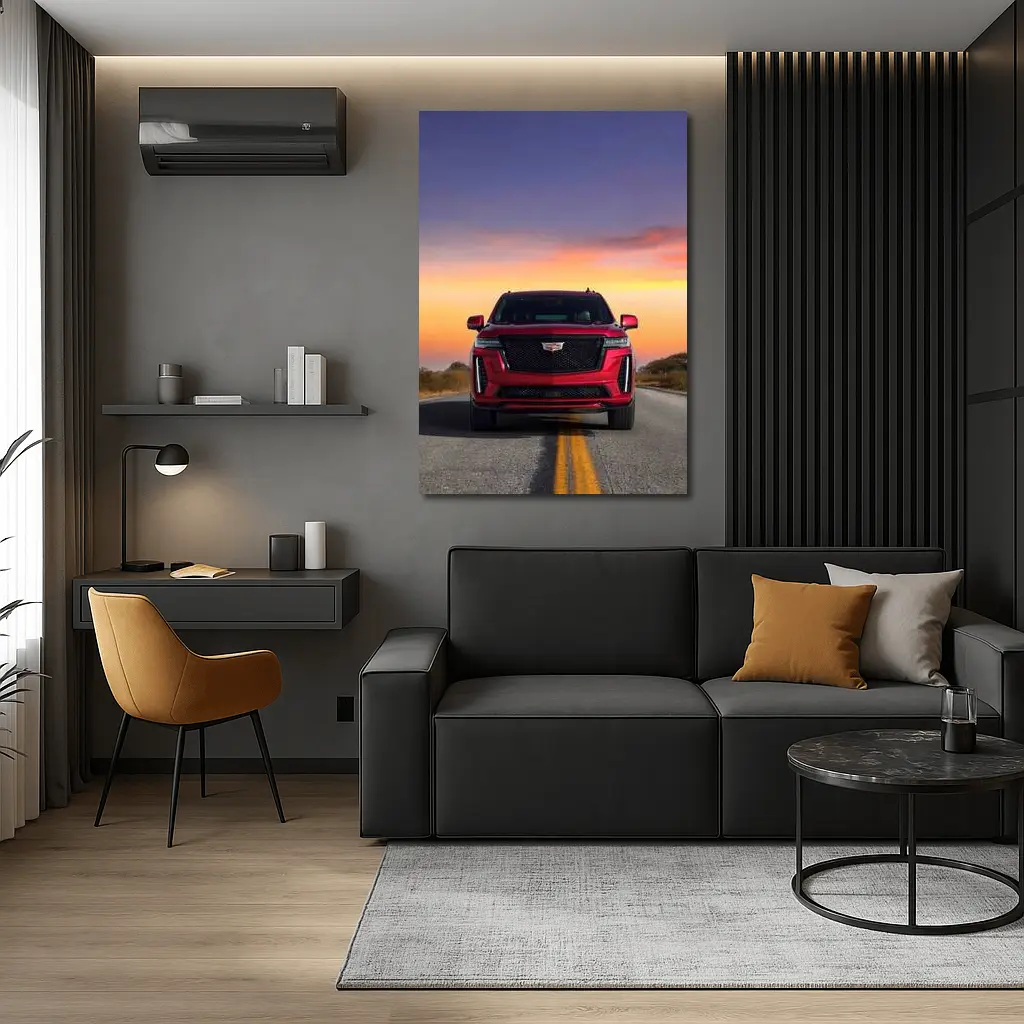 Red Cadillac Escalade SUV Sunset Road – Wall Art