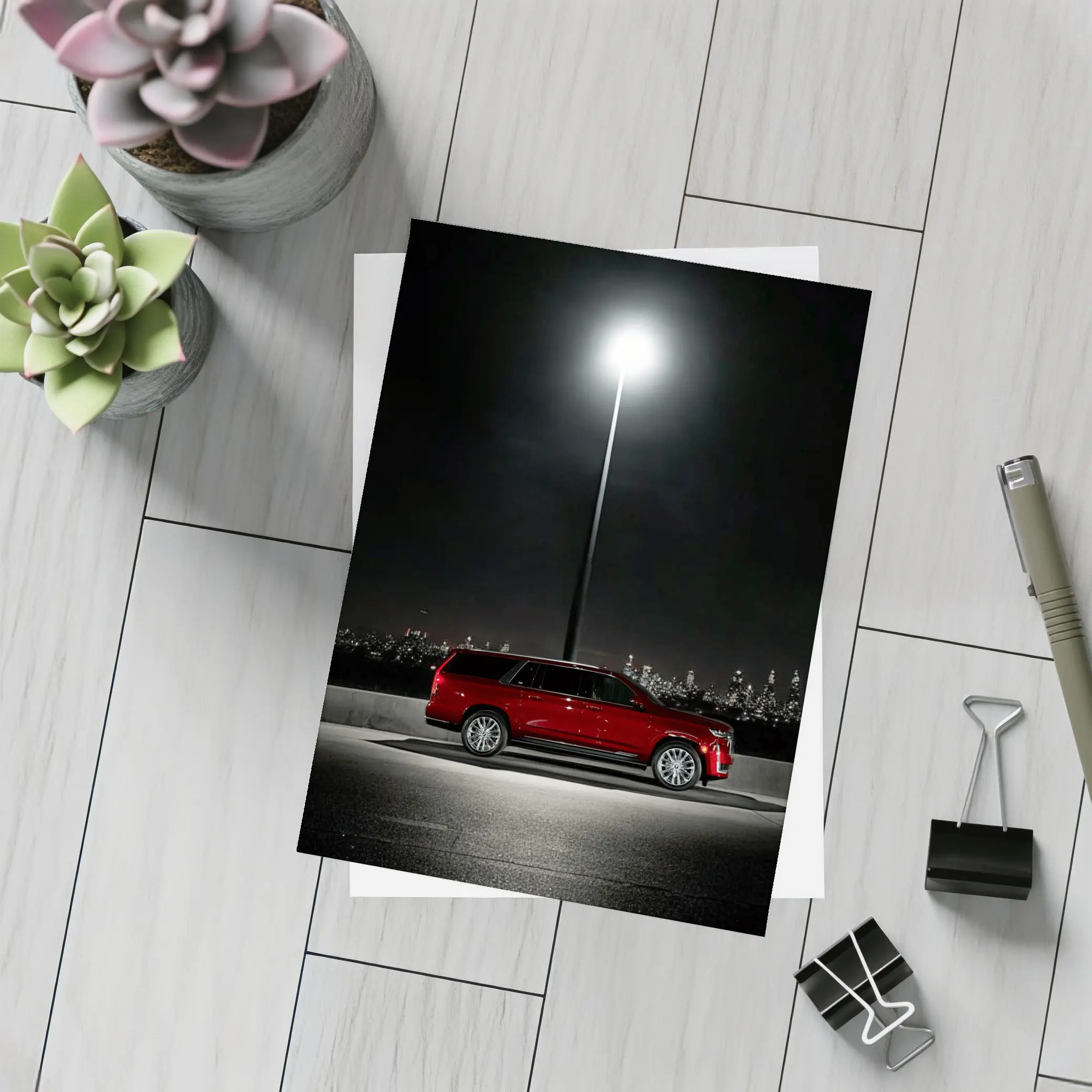 Cadillac Escalade Red Night City Skyline – Postcards