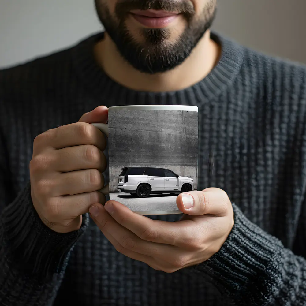 Cadillac Escalade White SUV Concrete Wall – Mugs