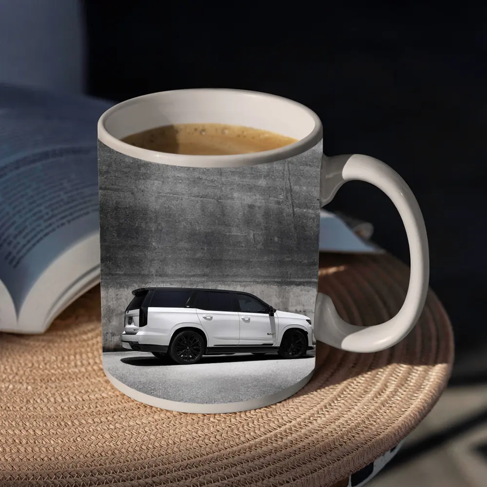 Cadillac Escalade White SUV Concrete Wall – Mugs