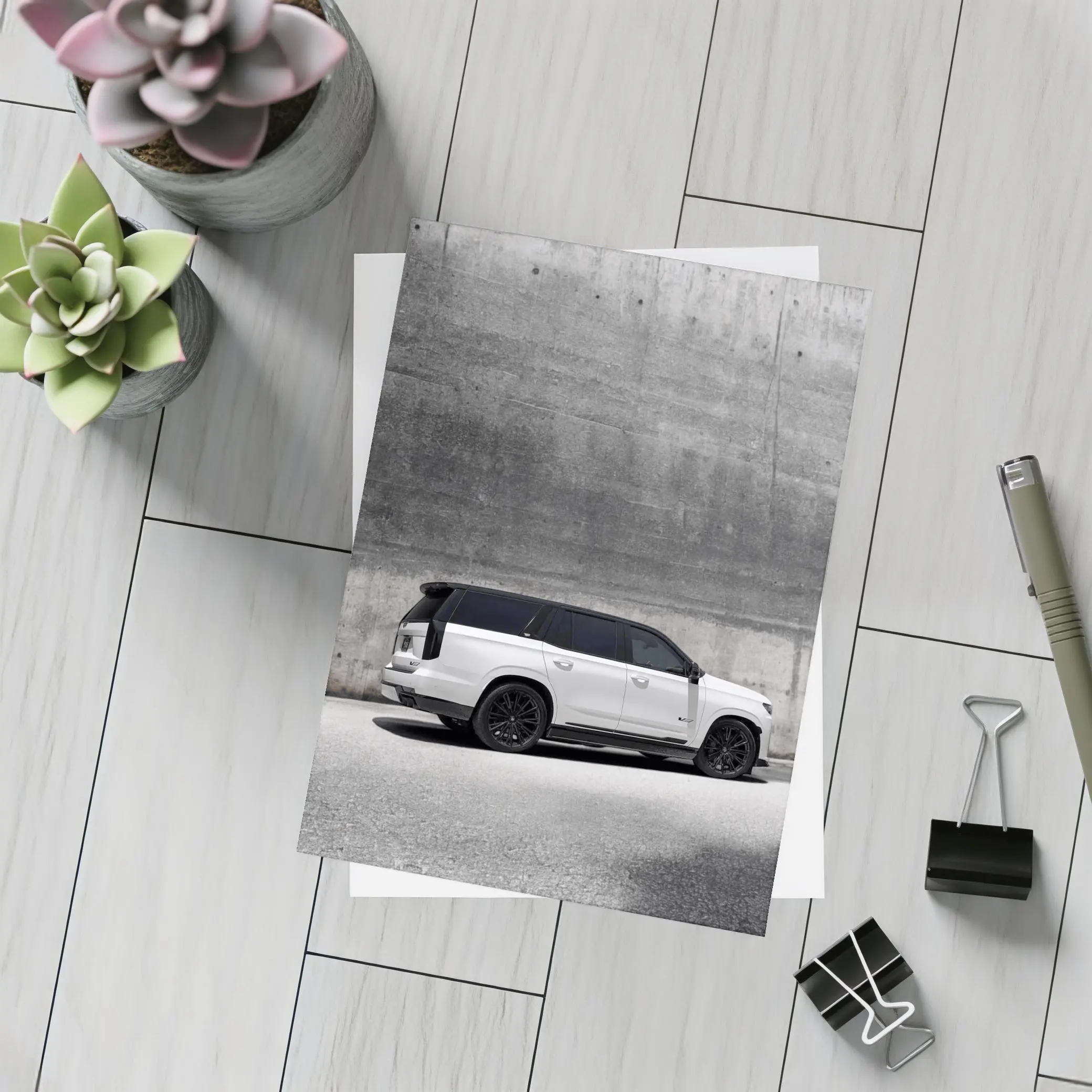 Cadillac Escalade White SUV Concrete Wall – Postcards