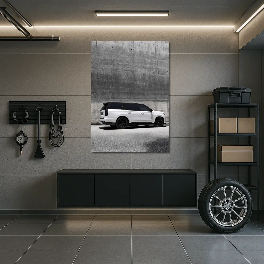 Cadillac Escalade White SUV Concrete Wall – Wall Art