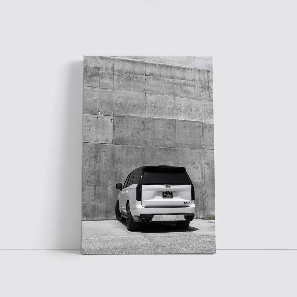 White Cadillac Escalade Against Concrete Wall – Wall Art