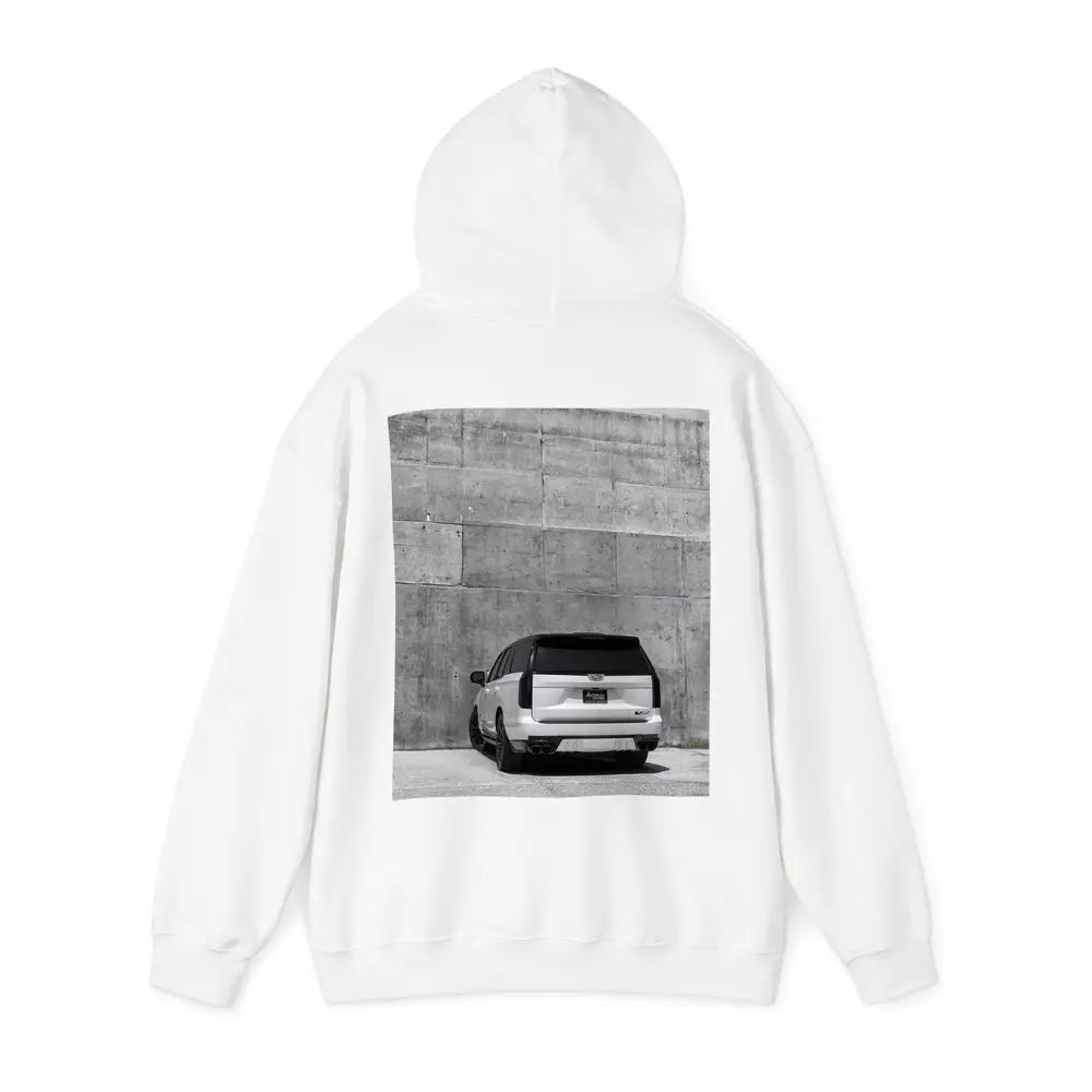 White Cadillac Escalade Against Concrete Wall – Hoodies