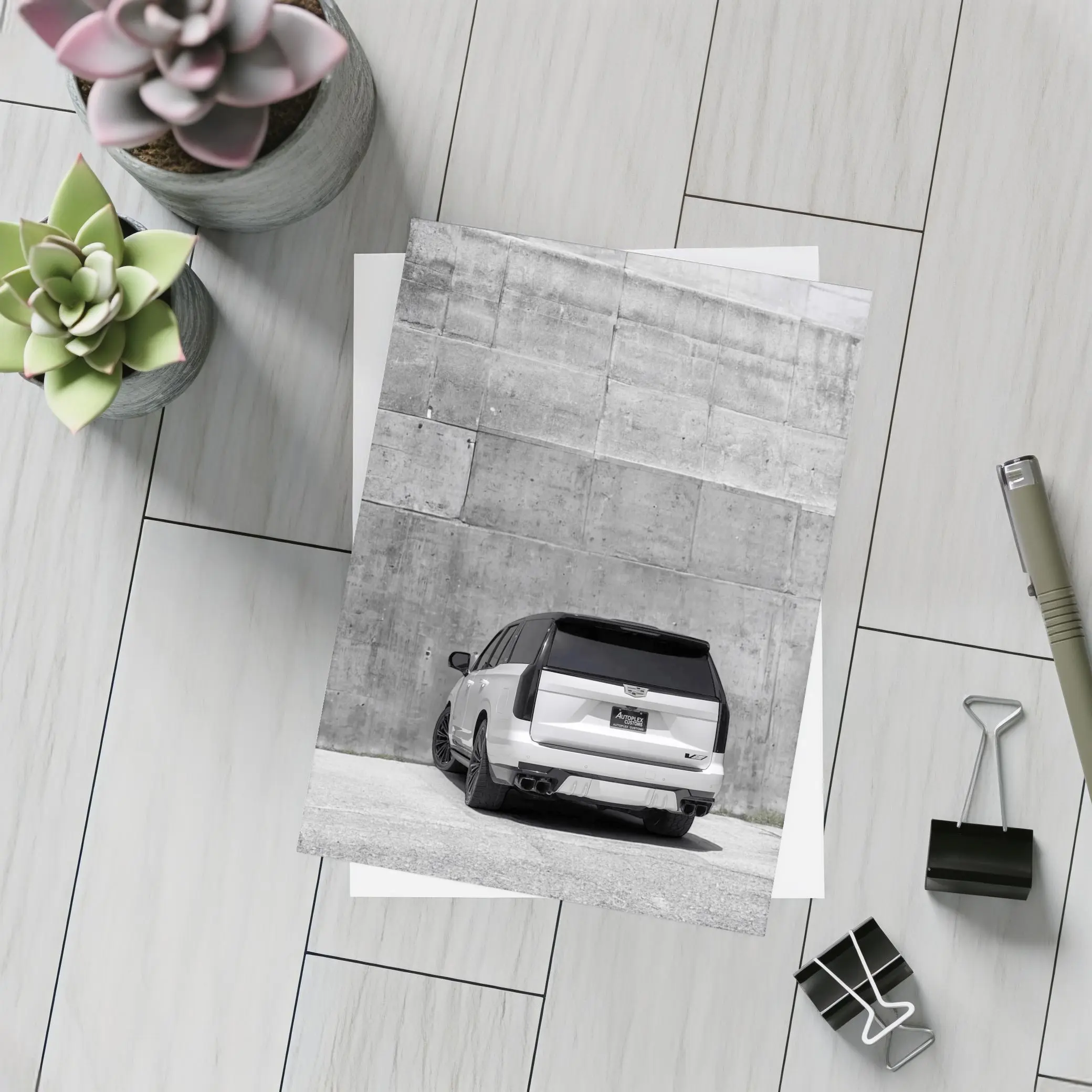 White Cadillac Escalade Against Concrete Wall – Postcards