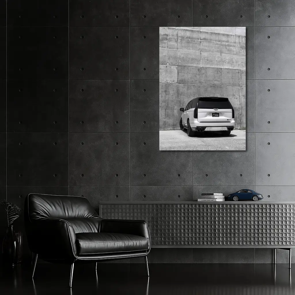 White Cadillac Escalade Against Concrete Wall – Wall Art