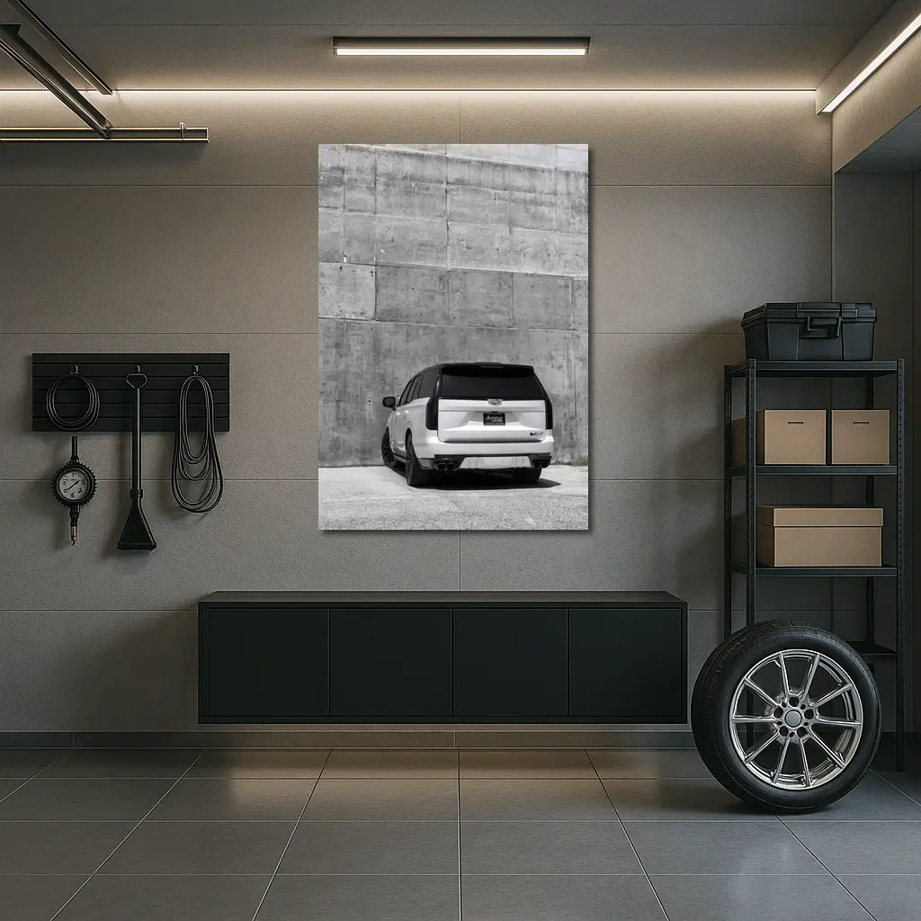 White Cadillac Escalade Against Concrete Wall – Wall Art