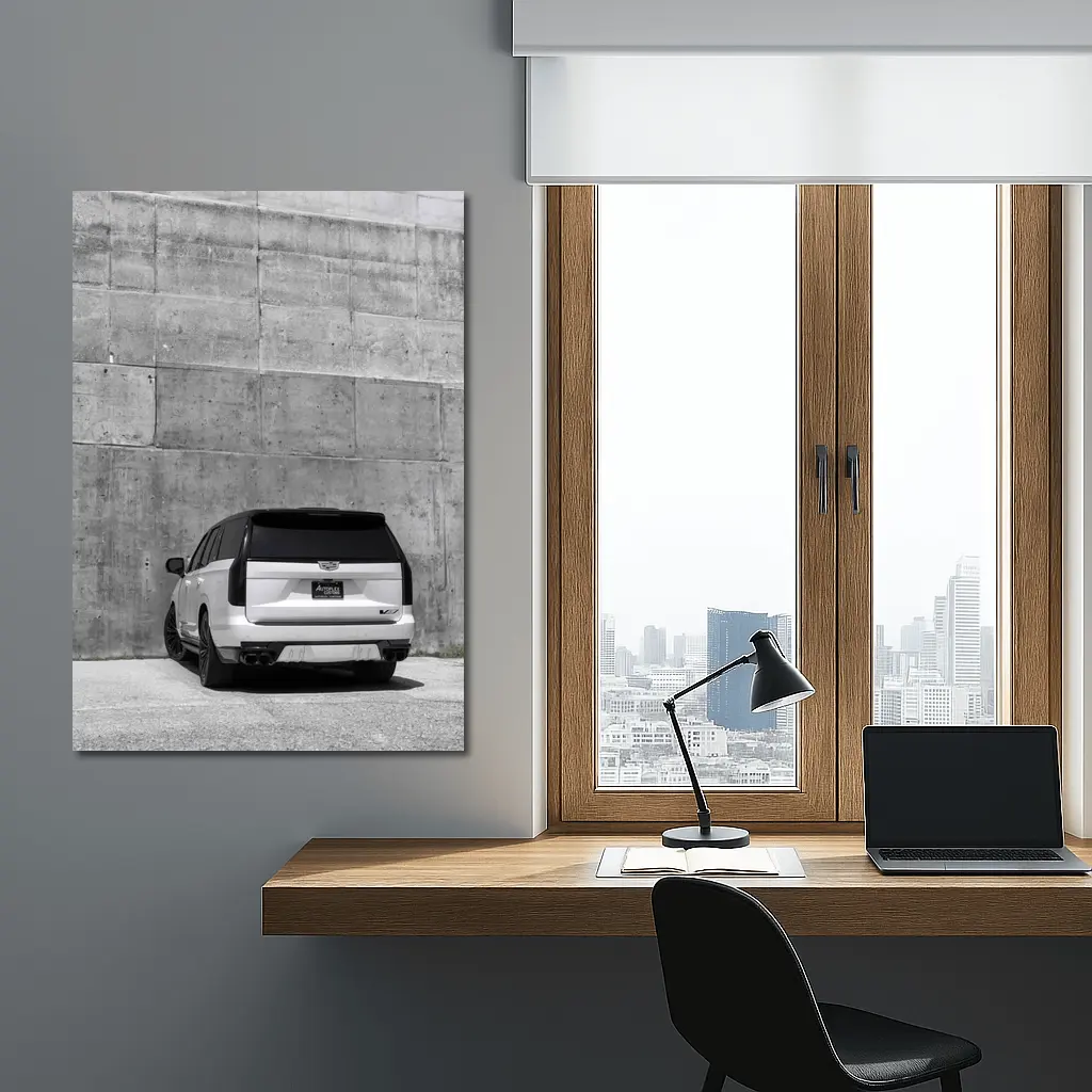 White Cadillac Escalade Against Concrete Wall – Wall Art