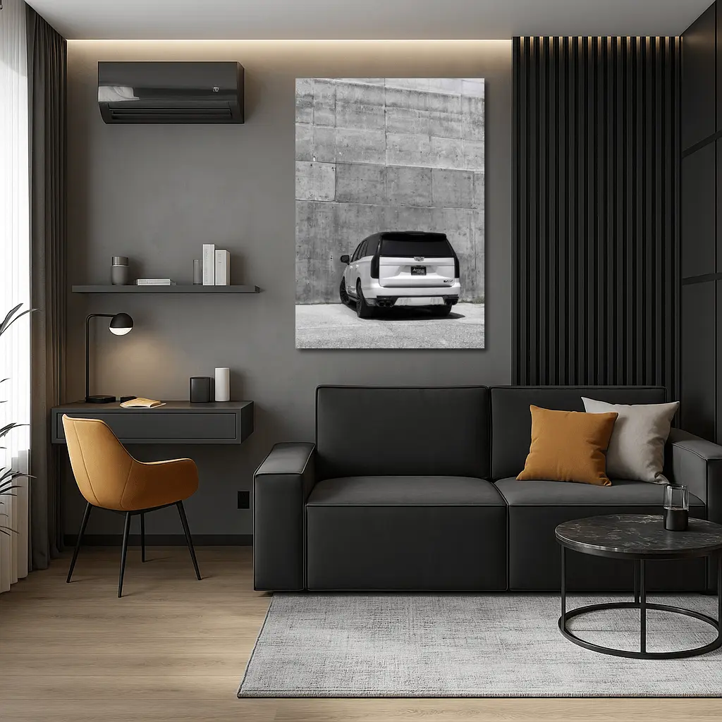 White Cadillac Escalade Against Concrete Wall – Wall Art