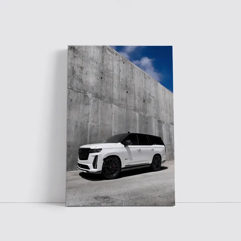 Cadillac Escalade White Against Concrete Wall – Wall Art