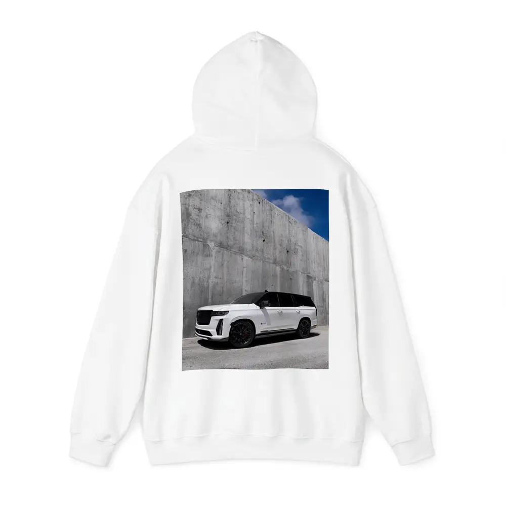 Cadillac Escalade White Against Concrete Wall – Hoodies