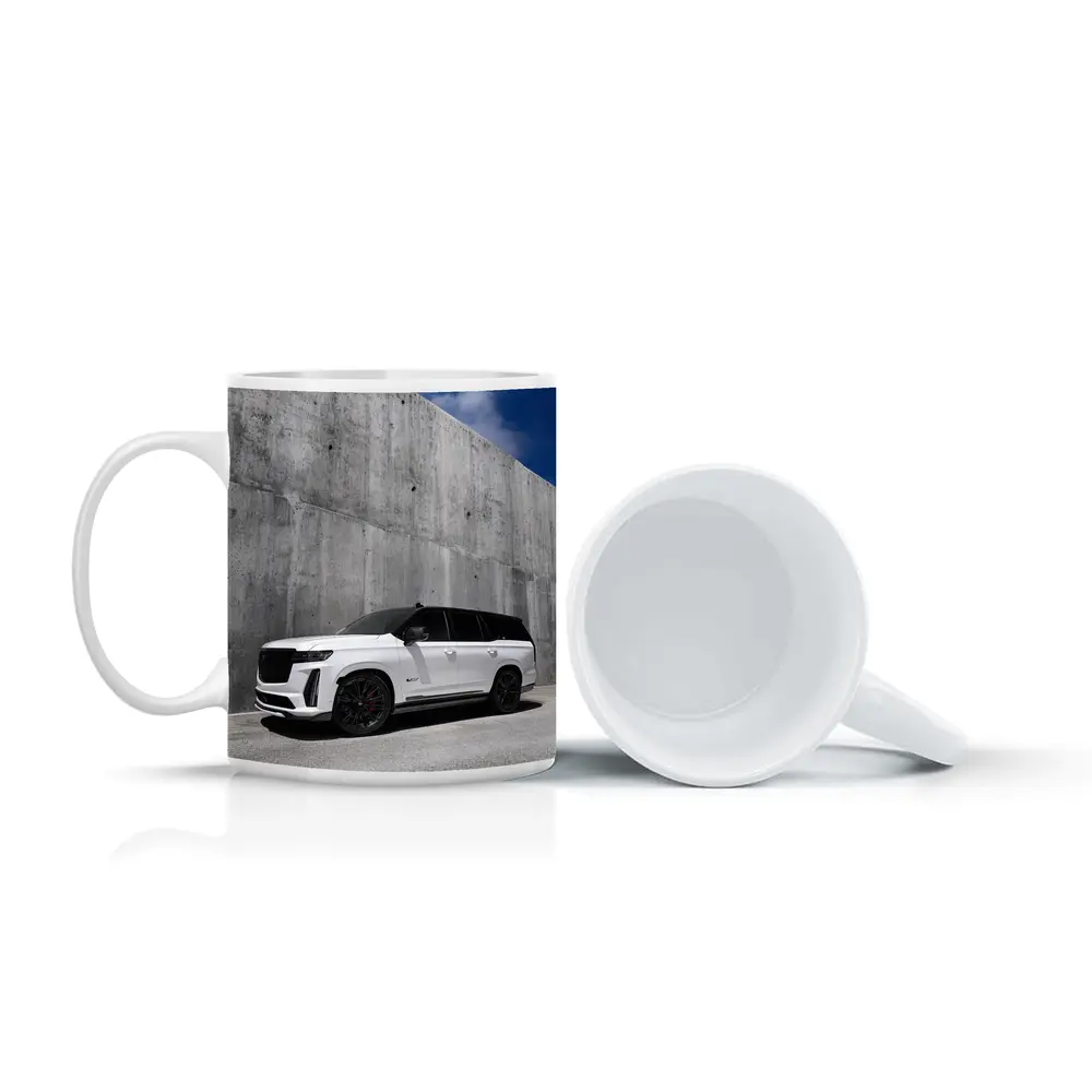 Cadillac Escalade White Against Concrete Wall – Mugs