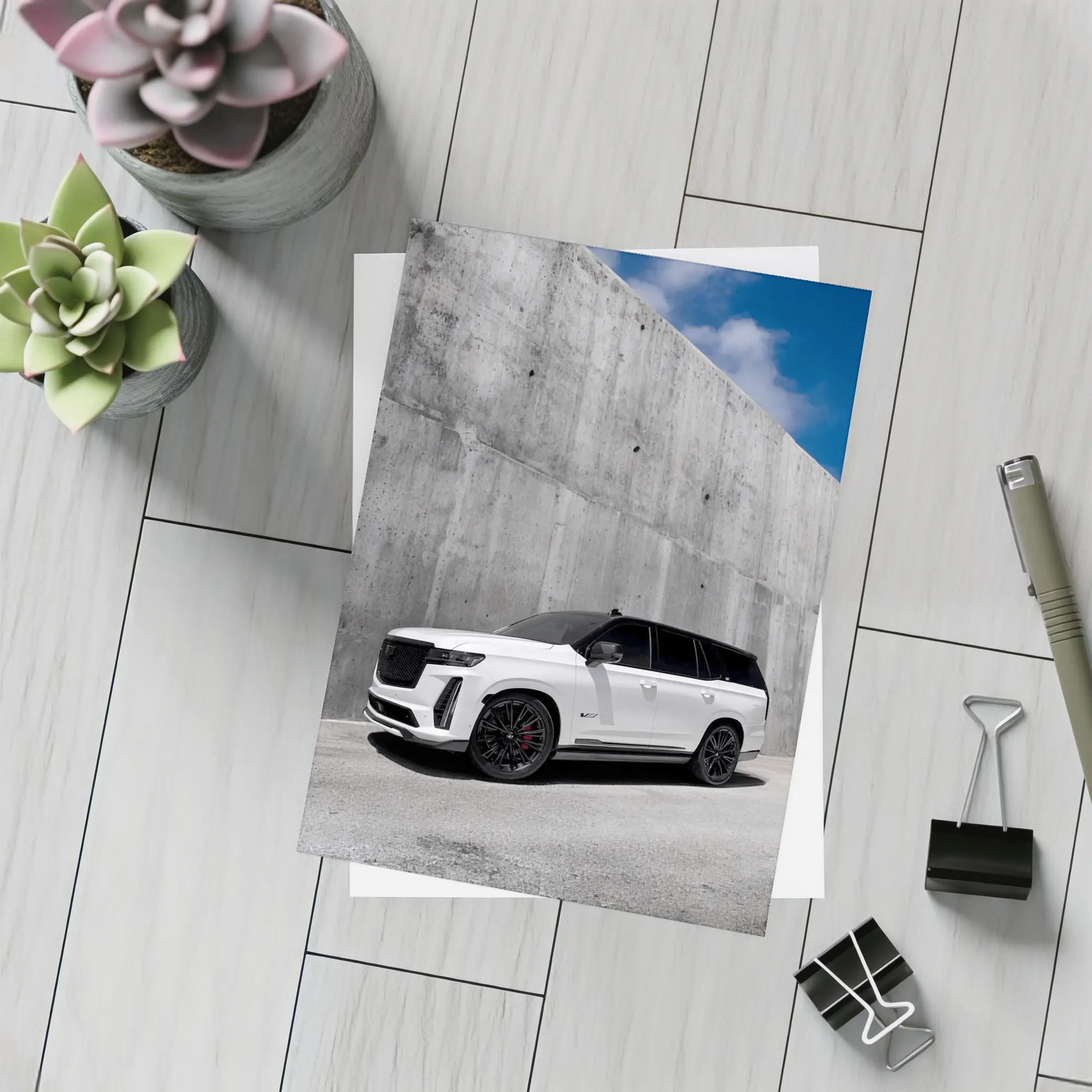 Cadillac Escalade White Against Concrete Wall – Postcards