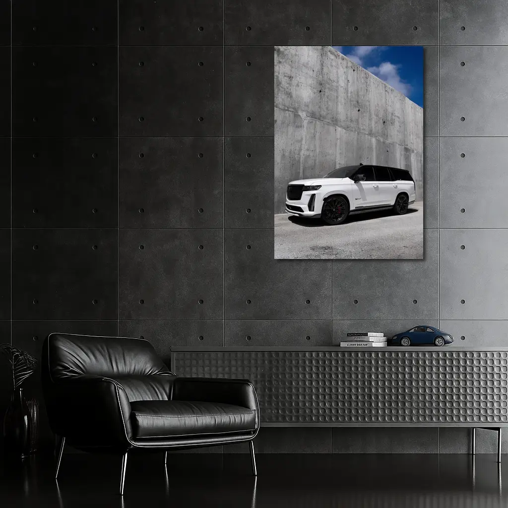 Cadillac Escalade White Against Concrete Wall – Wall Art
