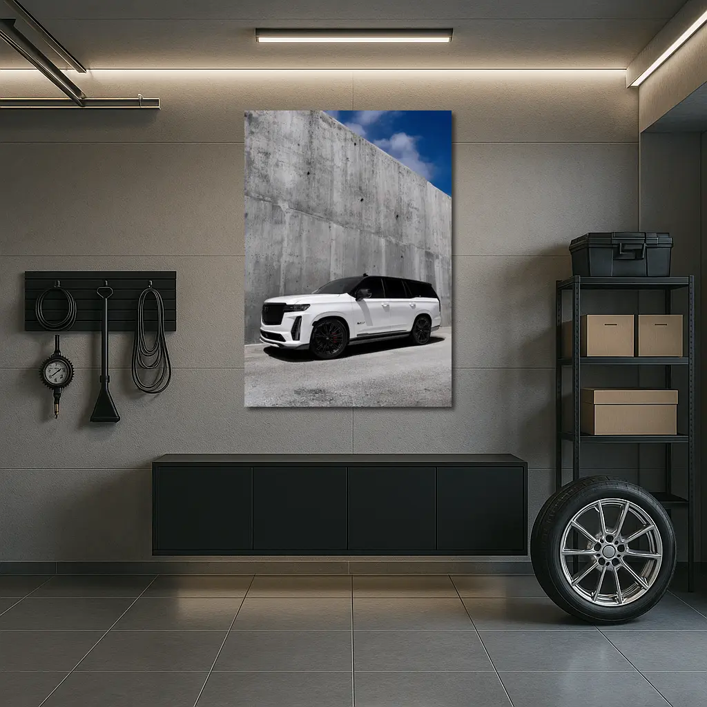 Cadillac Escalade White Against Concrete Wall – Wall Art
