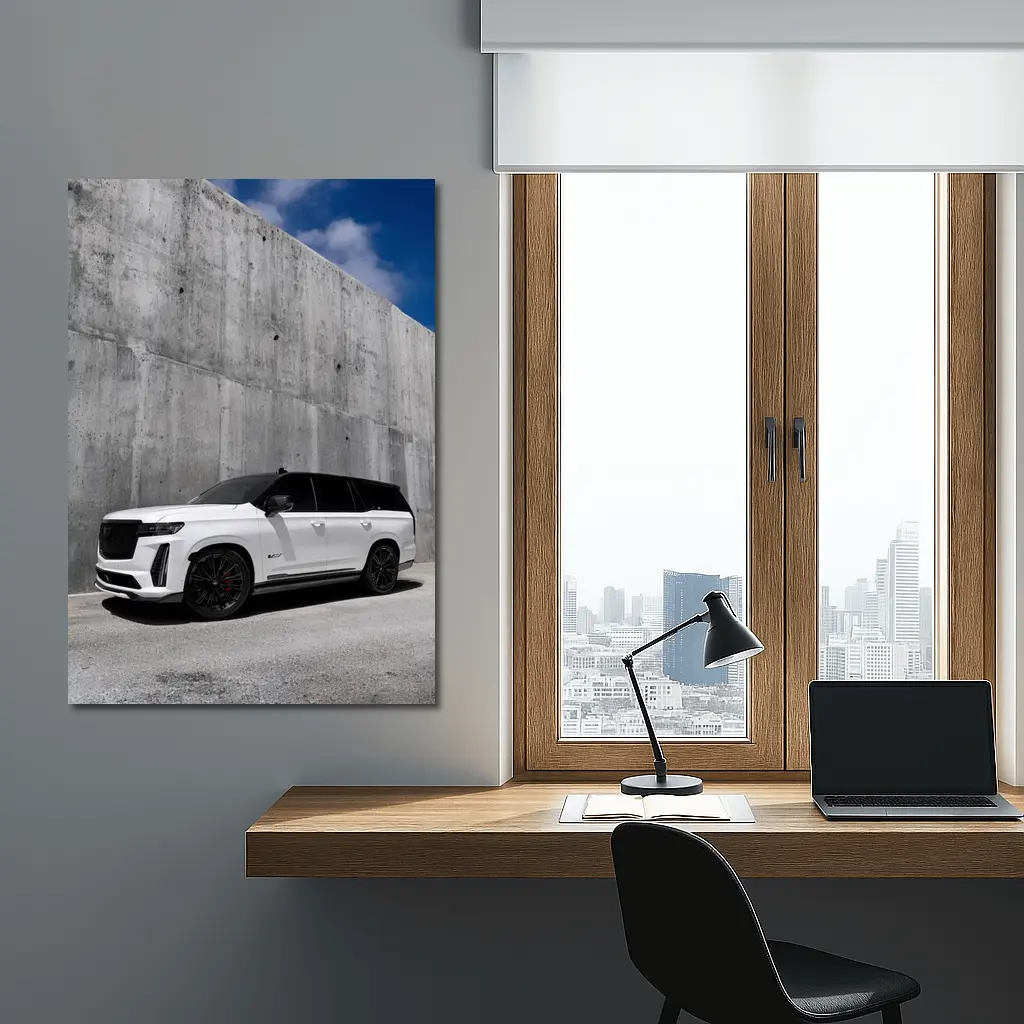 Cadillac Escalade White Against Concrete Wall – Wall Art