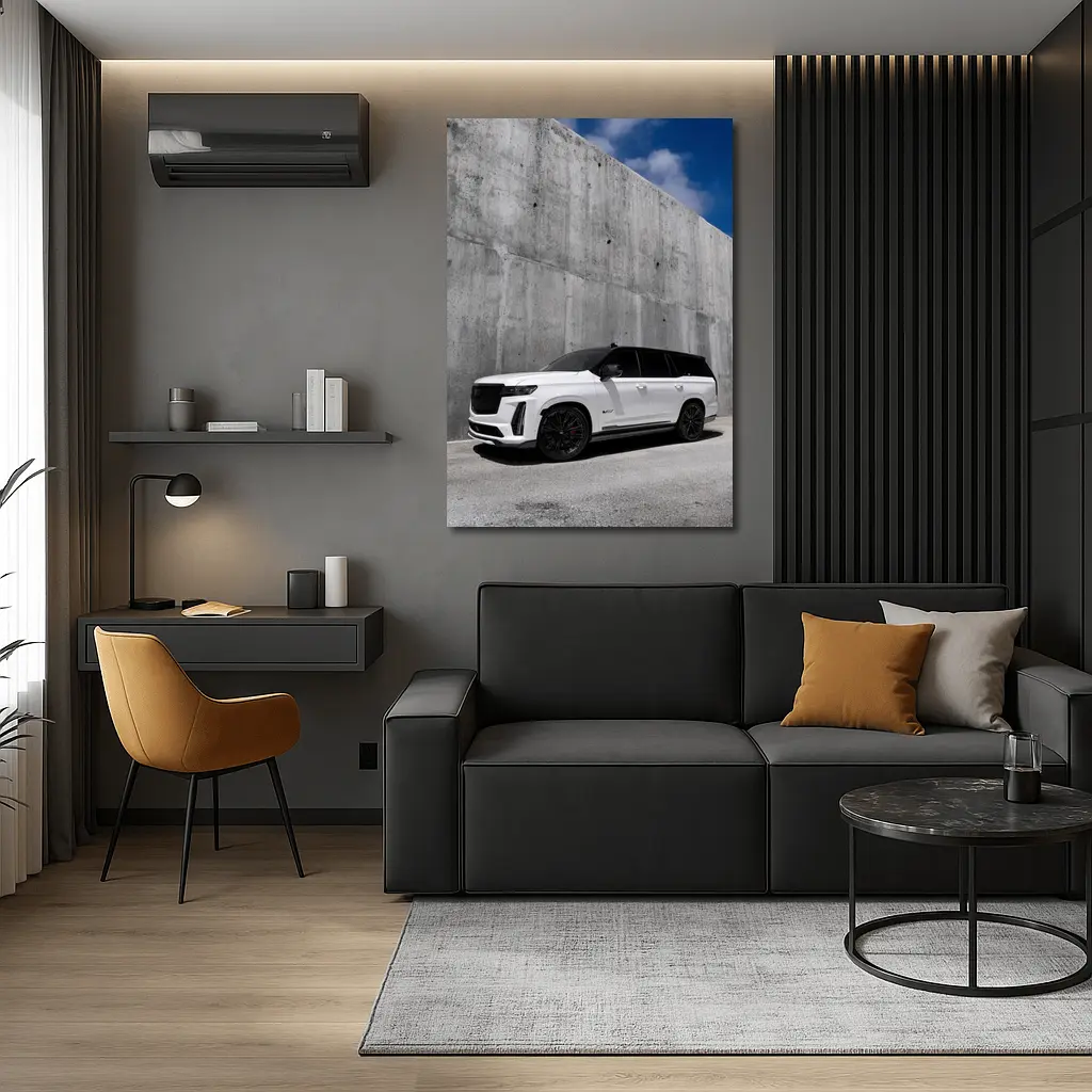 Cadillac Escalade White Against Concrete Wall – Wall Art