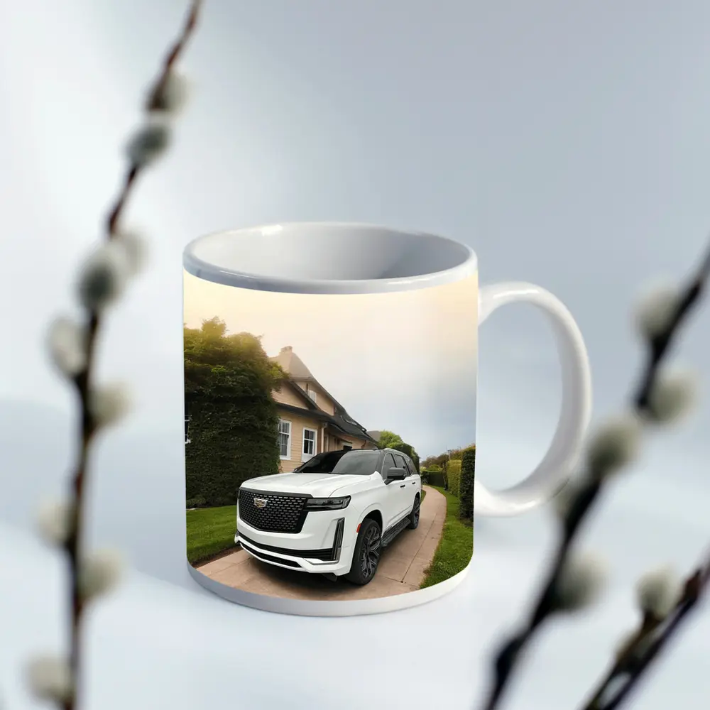 White Cadillac Escalade Parked Estate Driveway – Mugs
