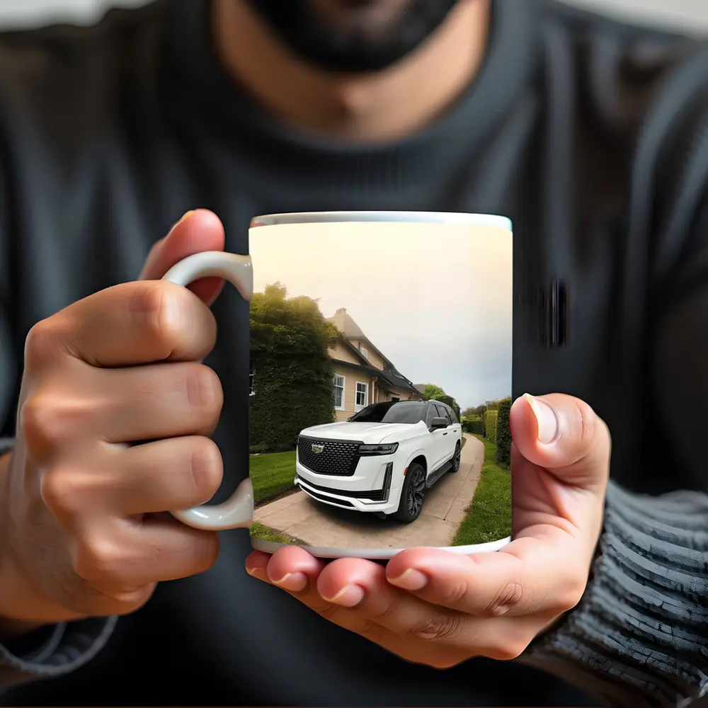 White Cadillac Escalade Parked Estate Driveway – Mugs