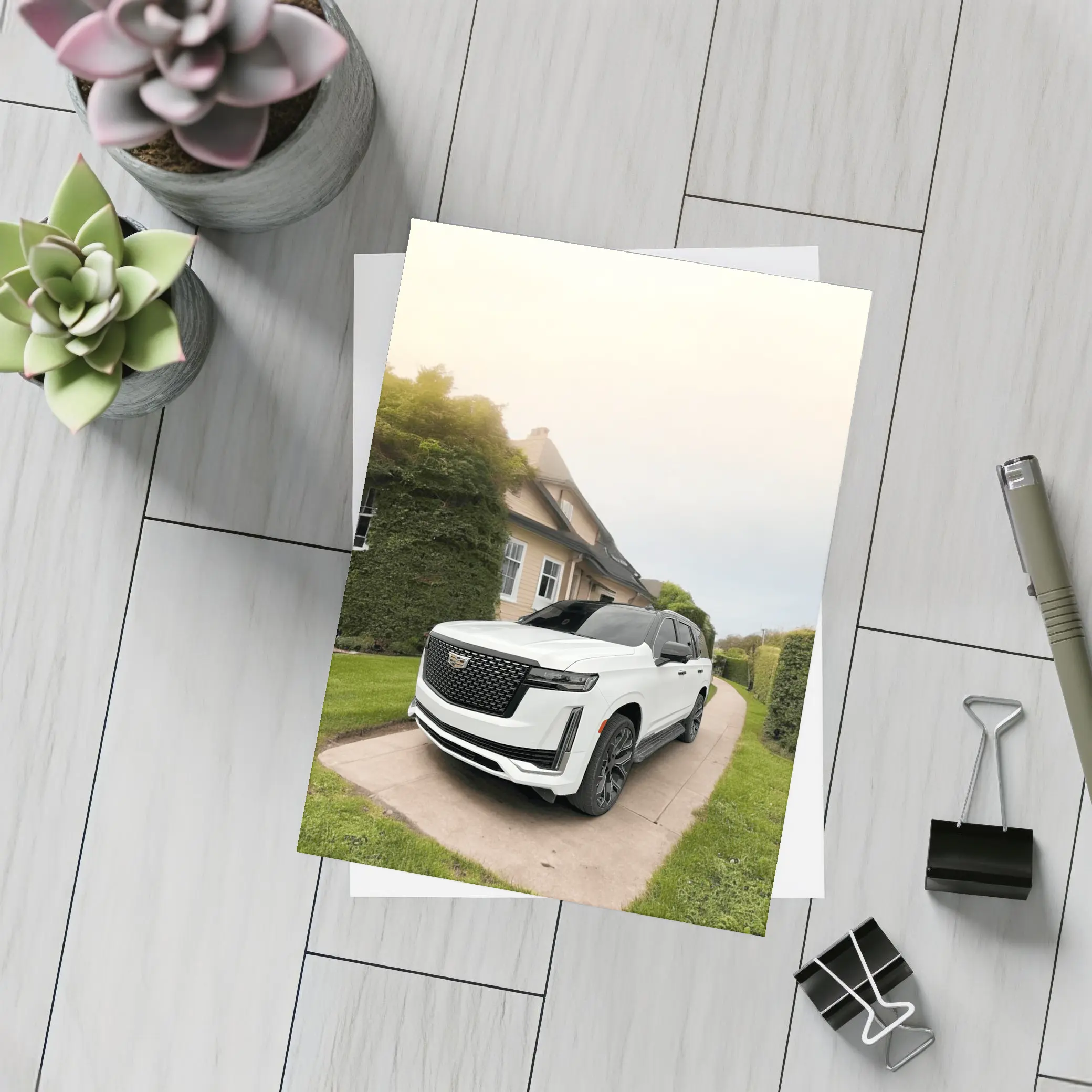 White Cadillac Escalade Parked Estate Driveway – Postcards