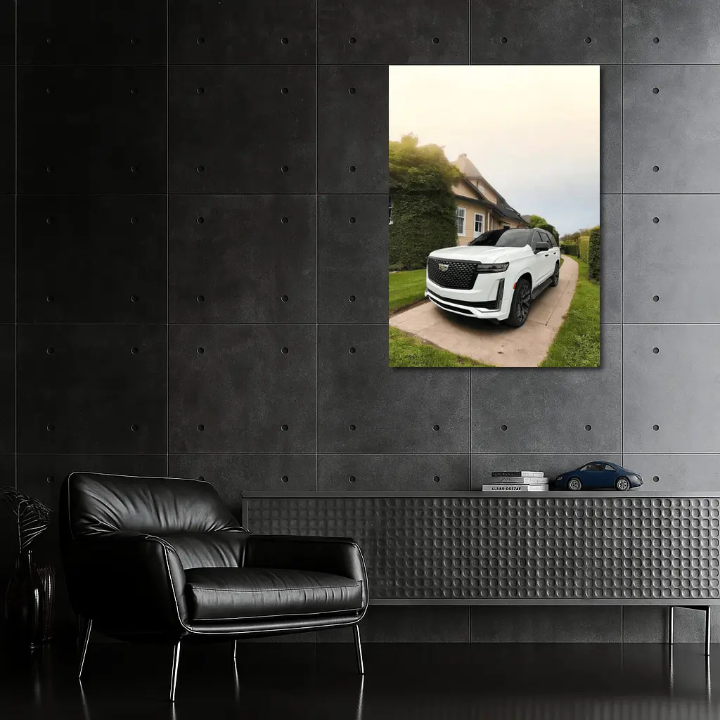 White Cadillac Escalade Parked Estate Driveway – Wall Art