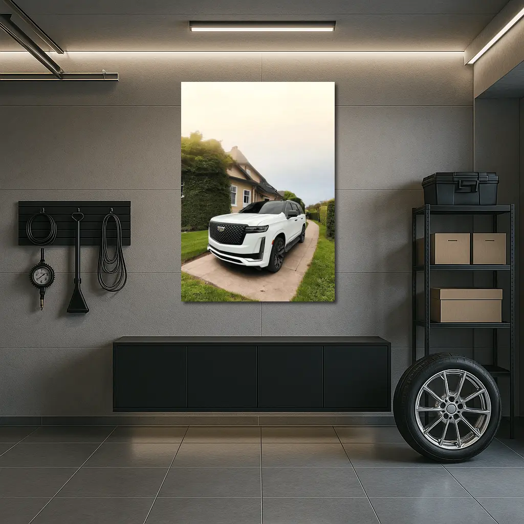 White Cadillac Escalade Parked Estate Driveway – Wall Art