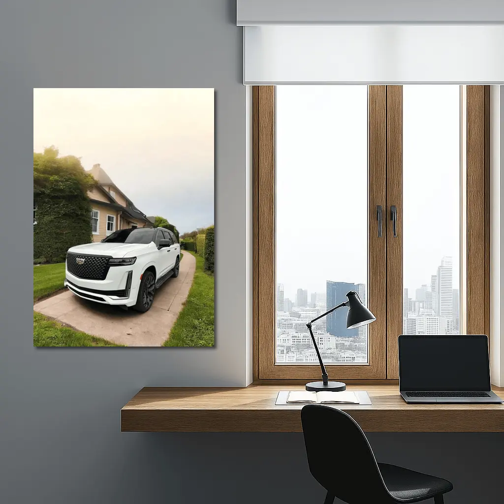 White Cadillac Escalade Parked Estate Driveway – Wall Art
