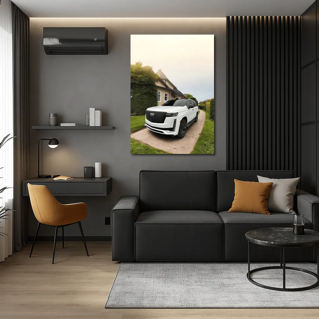 White Cadillac Escalade Parked Estate Driveway – Wall Art
