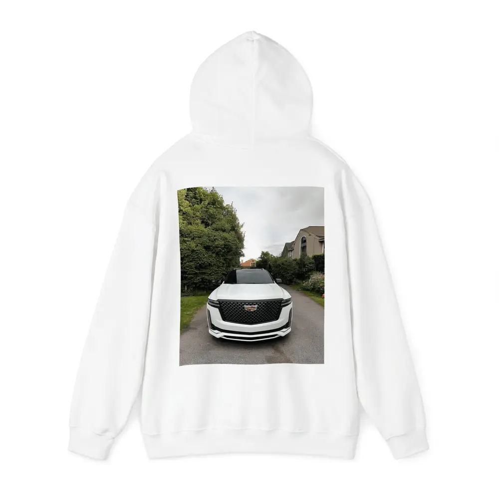 Cadillac Escalade White Suburban Driveway Front View – Hoodies
