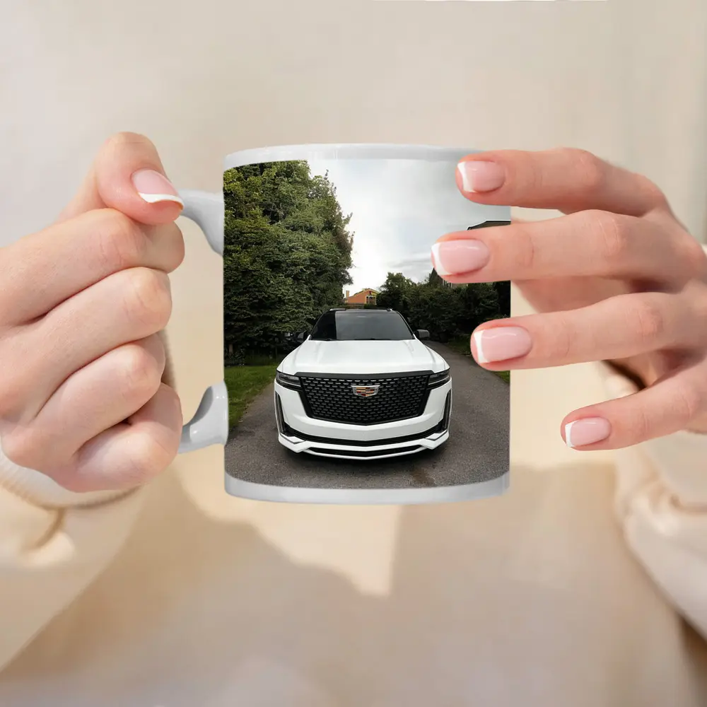 Cadillac Escalade White Suburban Driveway Front View – Mugs