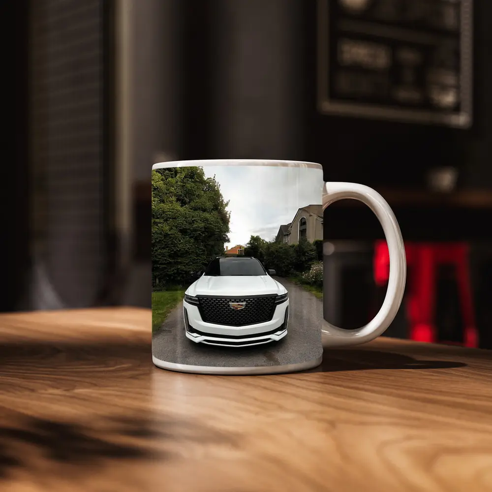 Cadillac Escalade White Suburban Driveway Front View – Mugs
