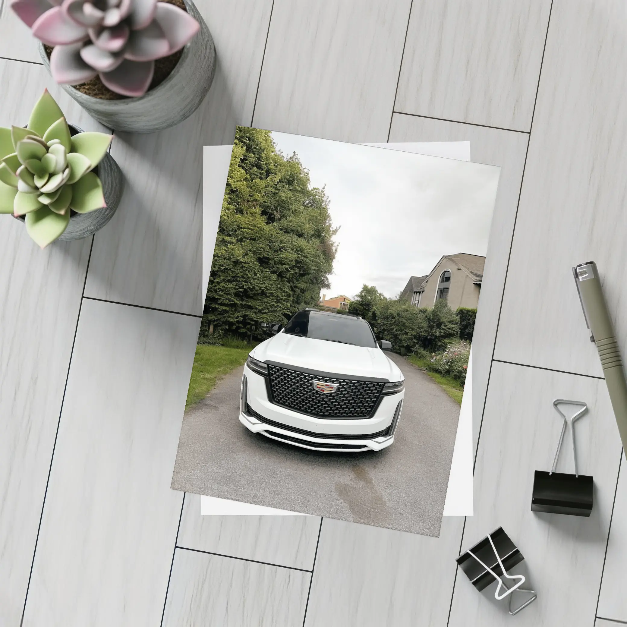 Cadillac Escalade White Suburban Driveway Front View – Postcards
