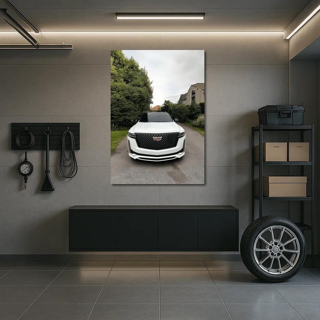 Cadillac Escalade White Suburban Driveway Front View – Wall Art