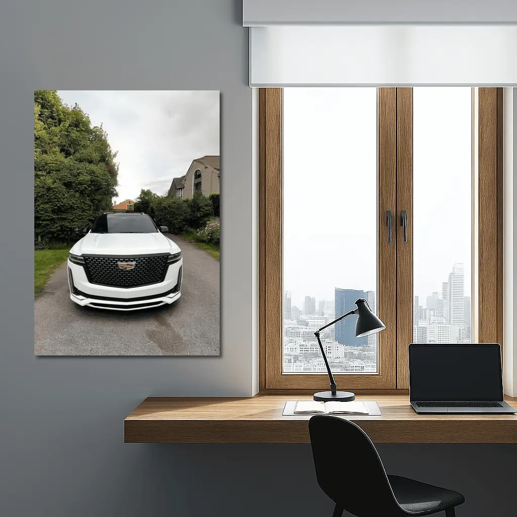 Cadillac Escalade White Suburban Driveway Front View – Wall Art
